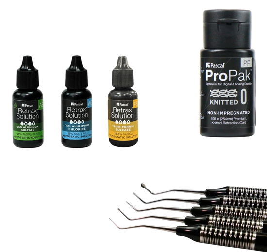 ProPak bundle with dental retraction cords, hemostatic solutions, and packing instruments